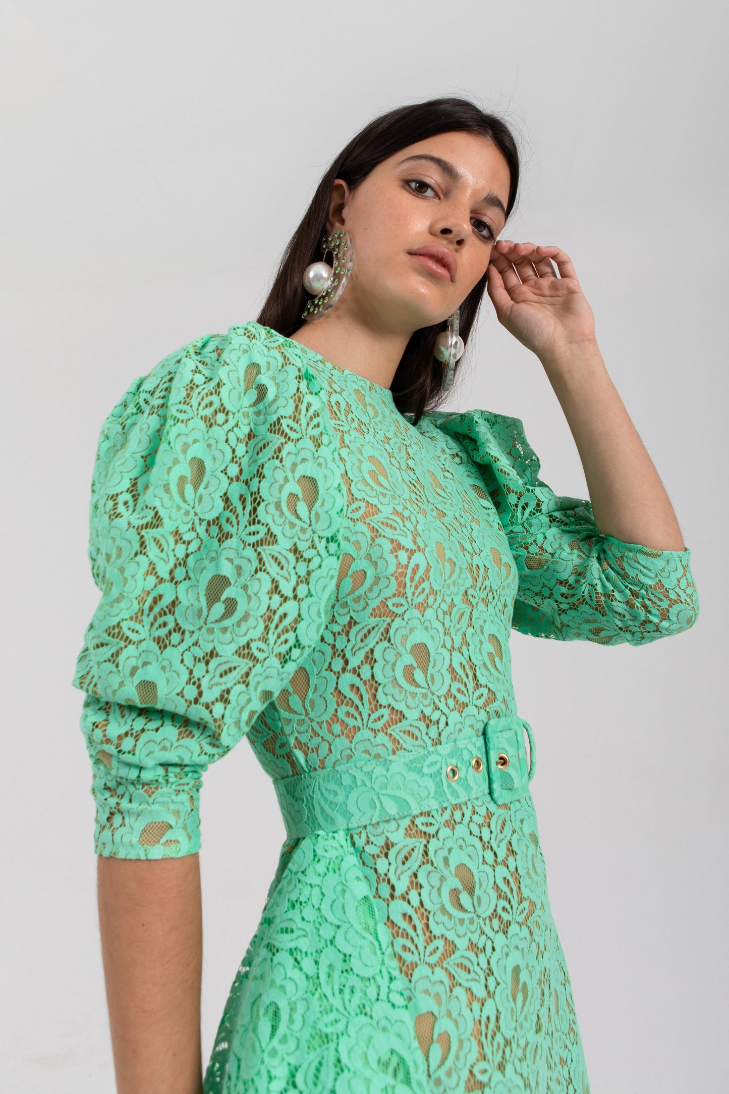 RUFFLED MINT LACE DRESS