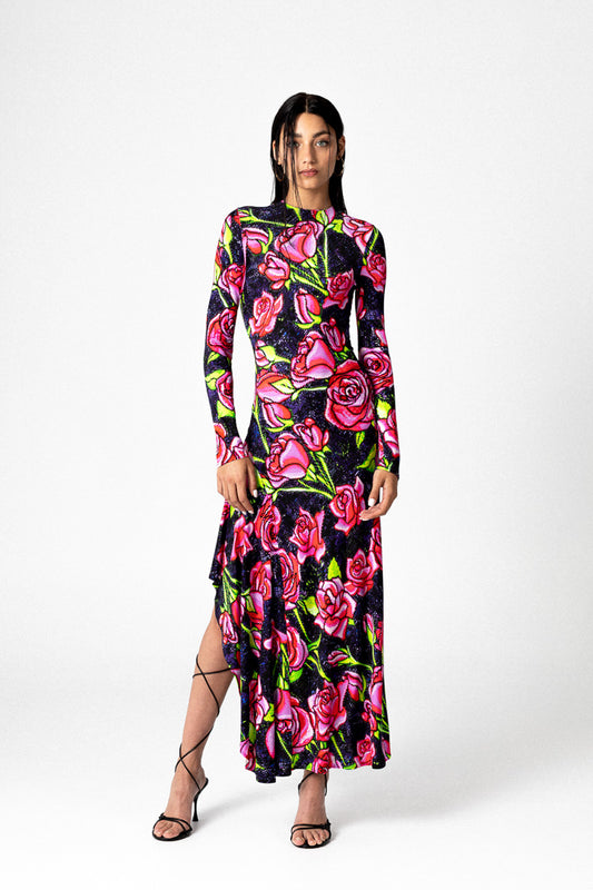 PIXEL ROSES LONG DRESS WITH RUFFLE
