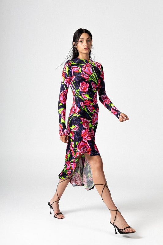 PIXEL ROSES LONG DRESS WITH RUFFLE