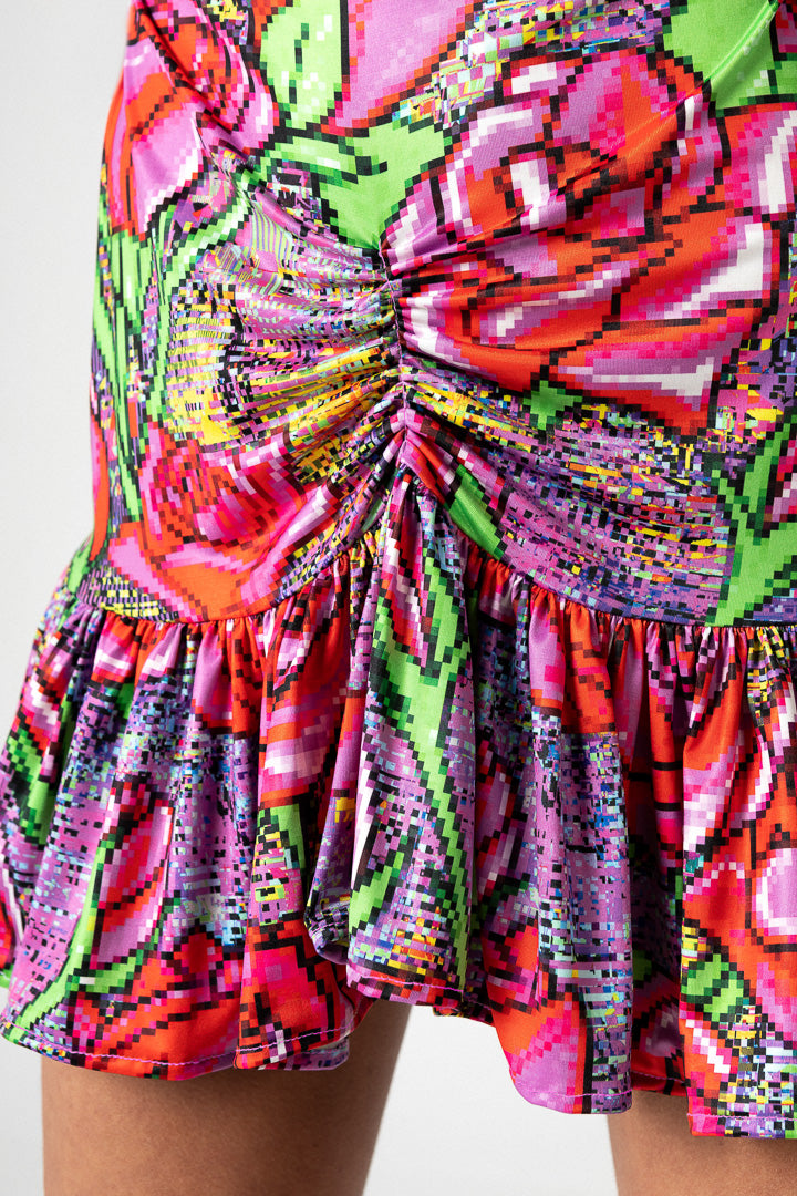 PIXEL ROSES RUFFLED DRESS