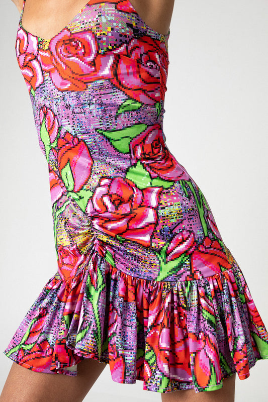 PIXEL ROSES RUFFLED DRESS