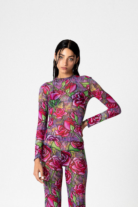 PIXEL ROSES MESH TOP