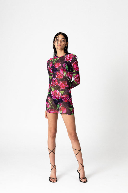 PIXEL ROSES MESH STRETCH DRESS