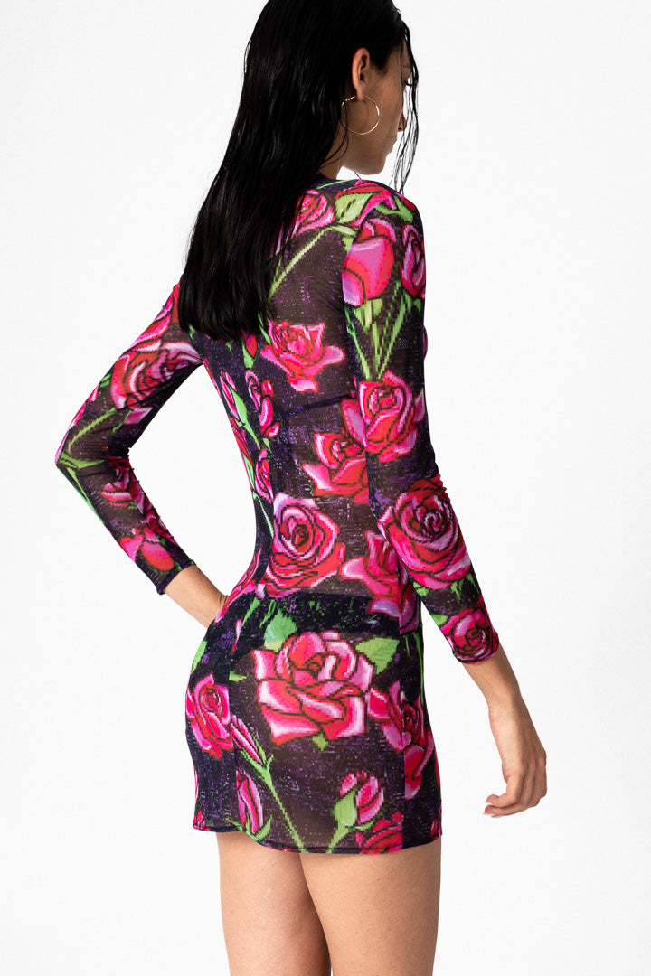PIXEL ROSES MESH STRETCH DRESS