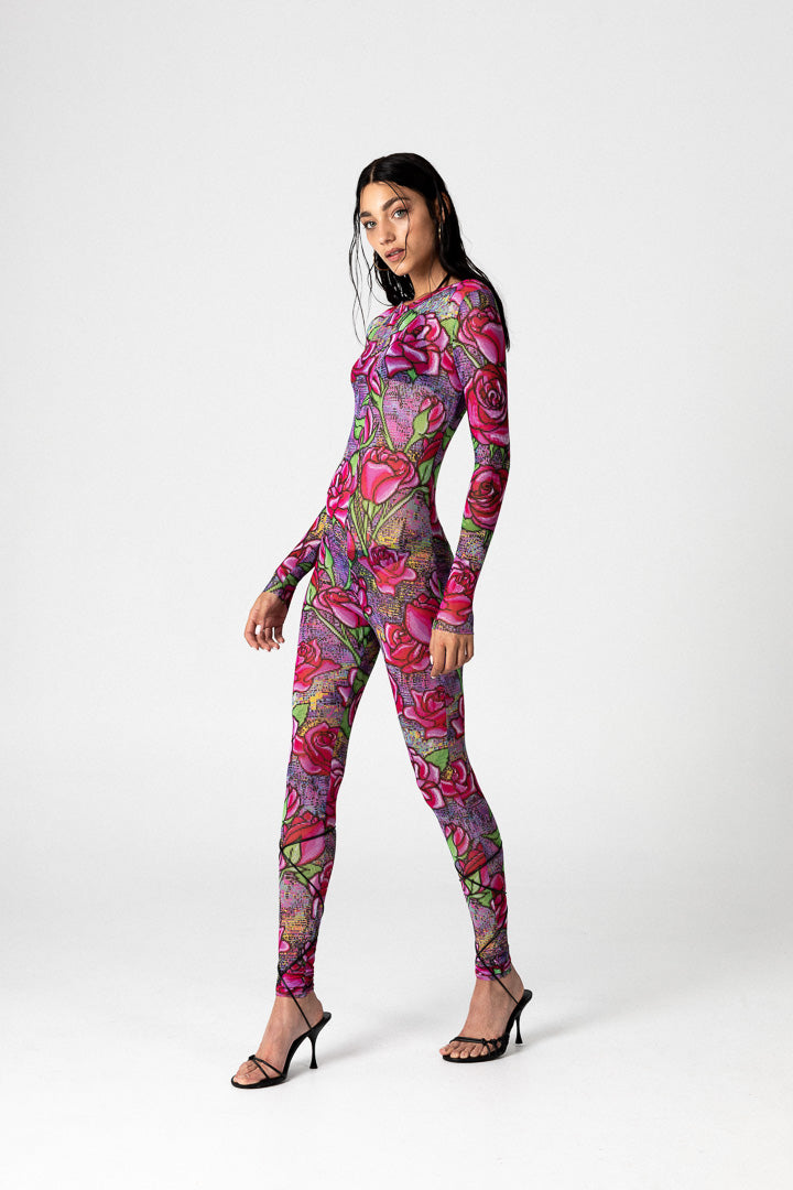 PIXEL ROSES MESH JUMPSUIT