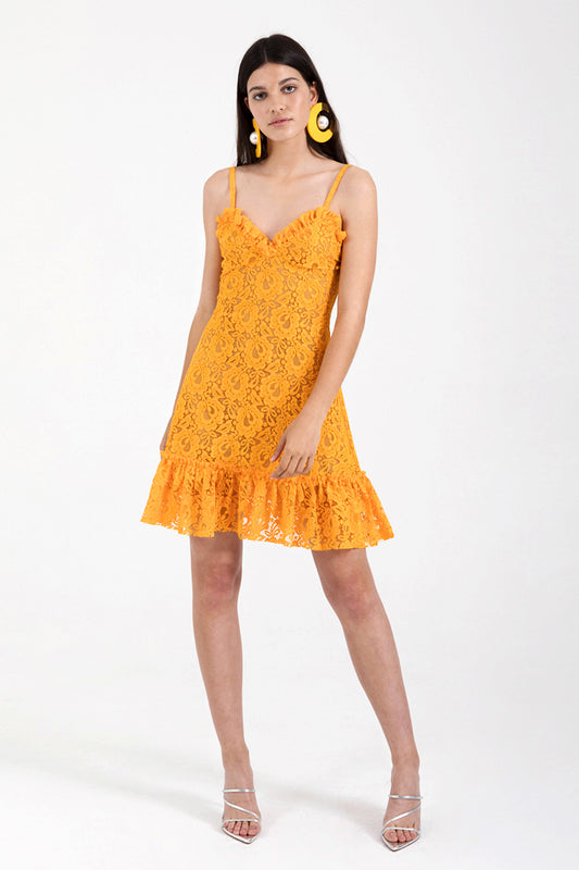 RUFFLED YELLOW LACE DRESS
