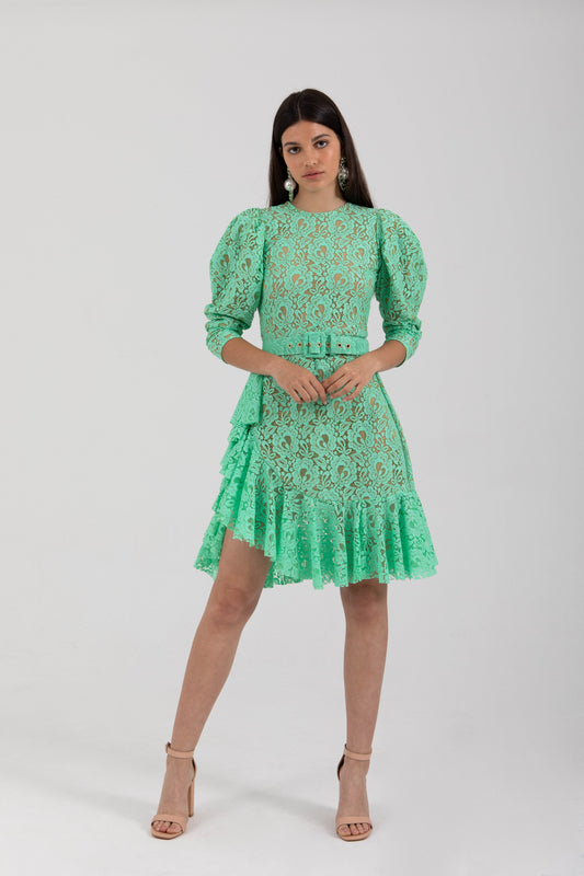 RUFFLED MINT LACE DRESS