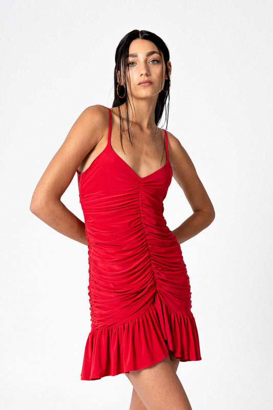 RED GATHERED DRESS