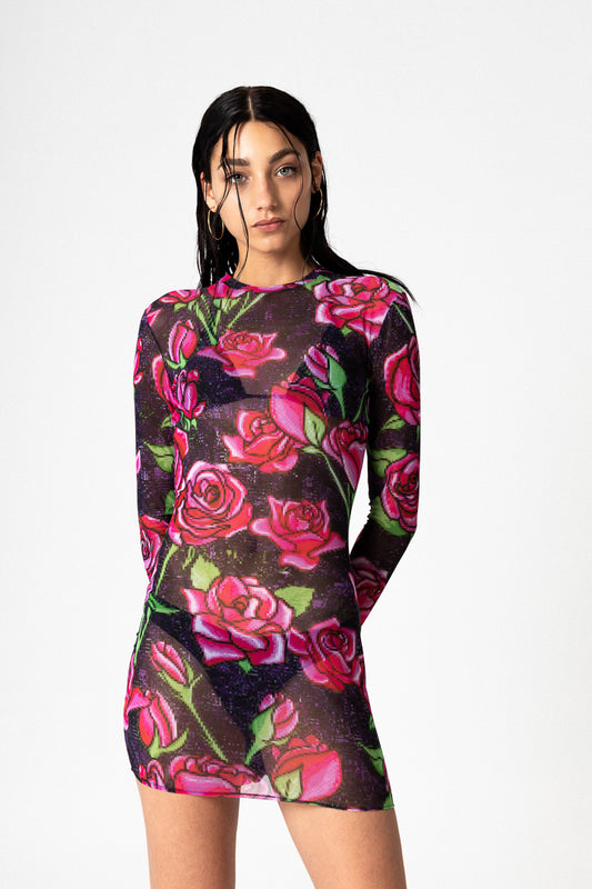 PIXEL ROSES MESH STRETCH DRESS