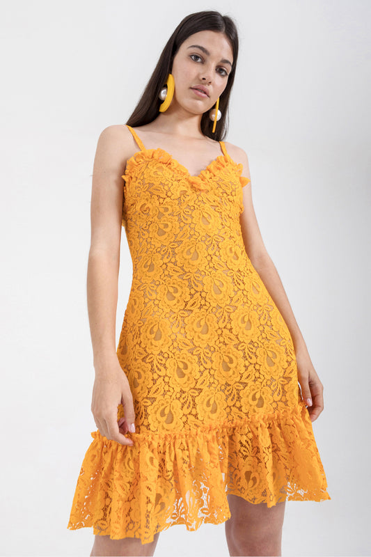 RUFFLED YELLOW LACE DRESS
